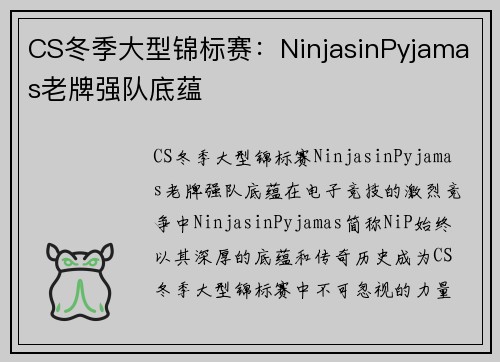 CS冬季大型锦标赛：NinjasinPyjamas老牌强队底蕴